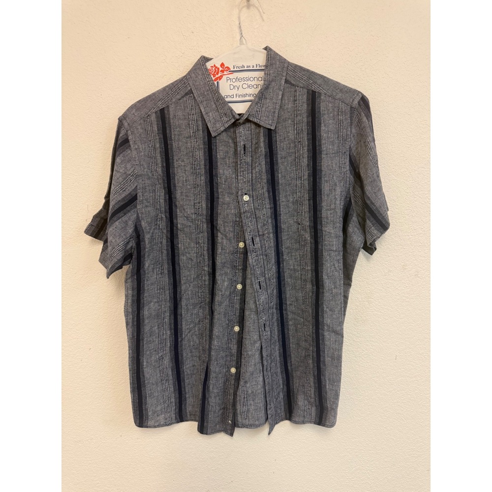 Goodfellow & Co Mens Large Blue Grey Striped Linen Cotton Short Sleeve Shirt